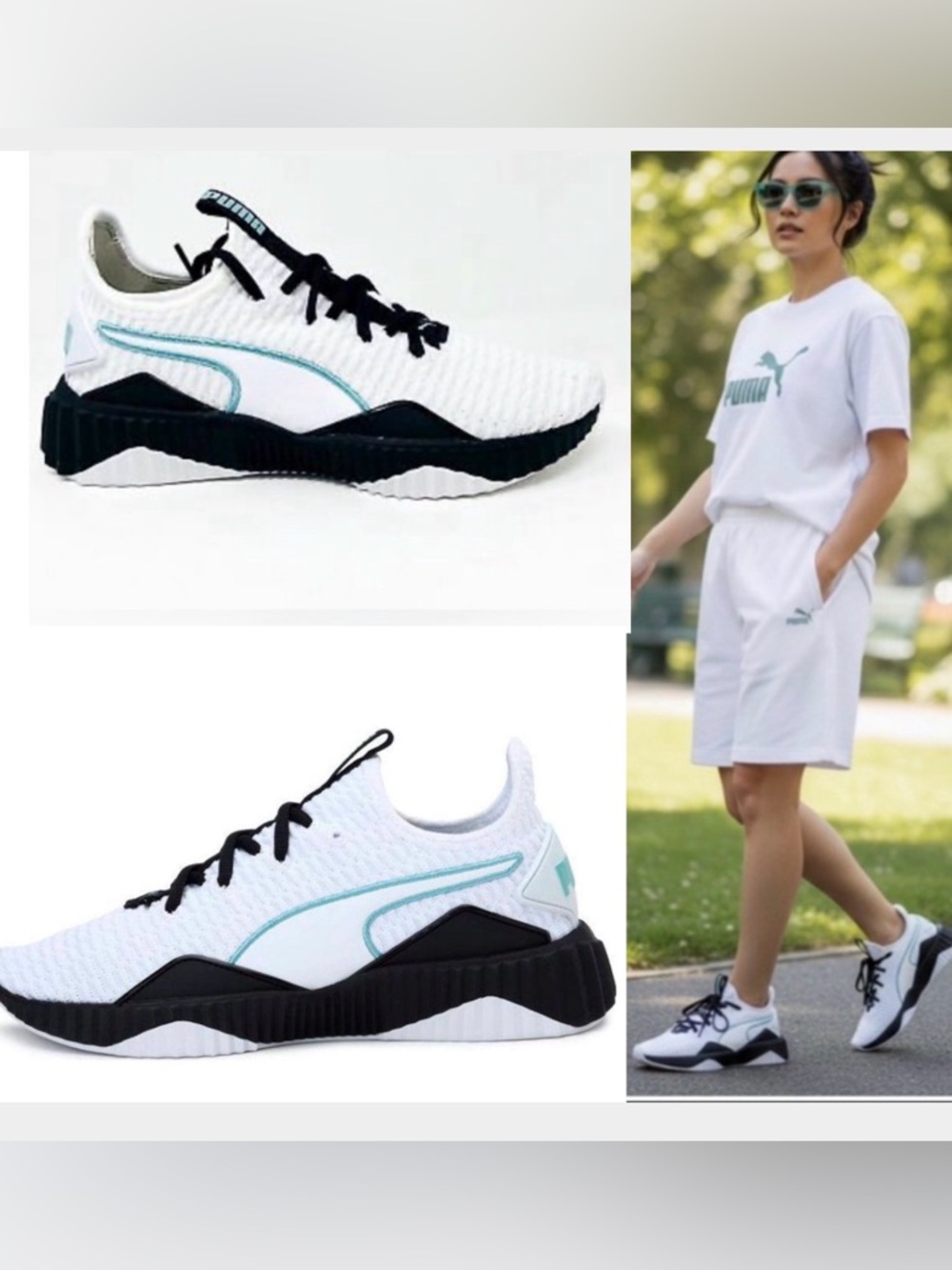 Puma Defy Trainer White Knit Sneakers with Black Accents and Teal Logo